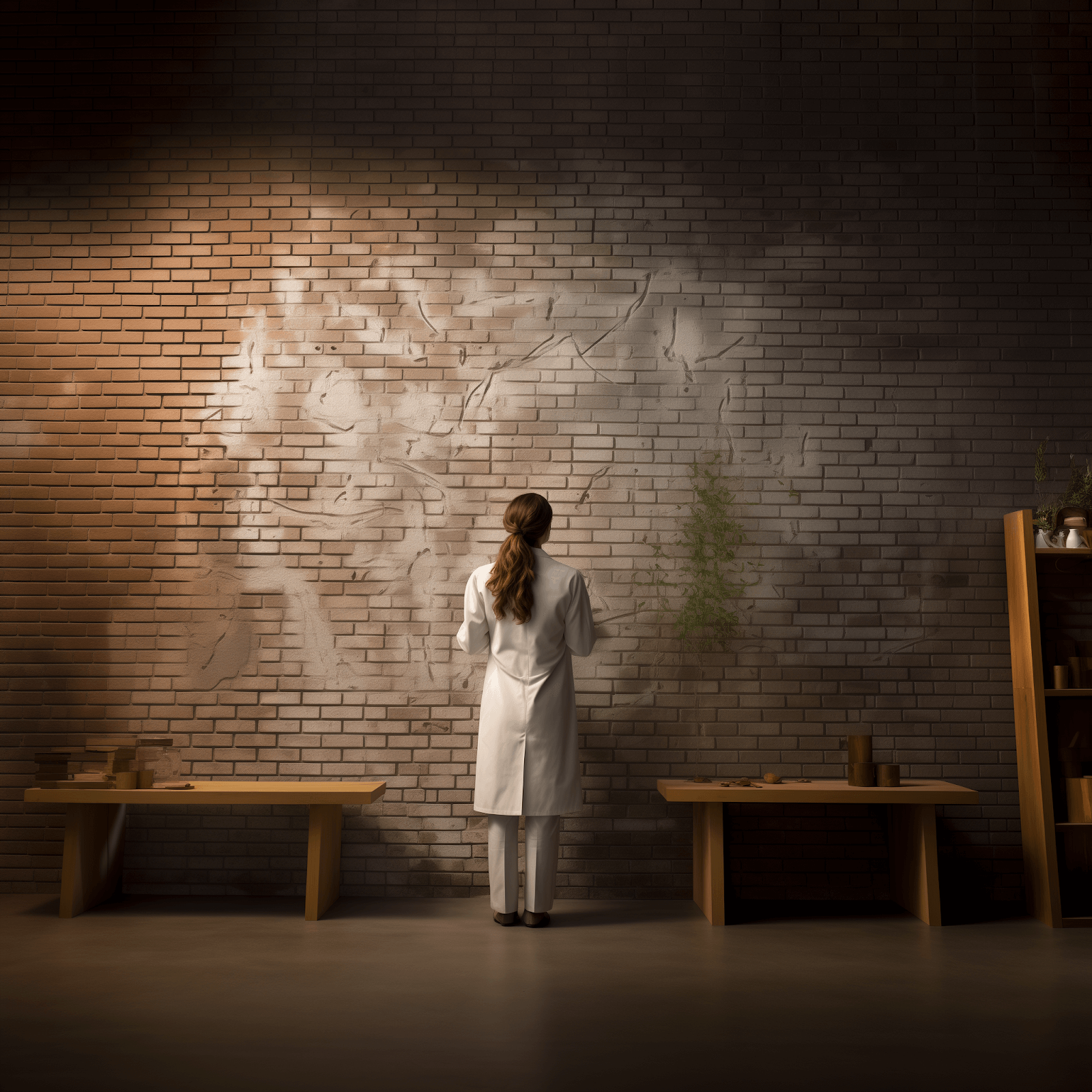 An image of a person wearing a lab coat in front of a brick wall