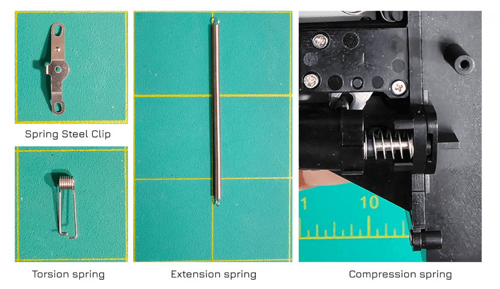 Image of the spring steel clip, torsion spring, extension spring and compression spring.