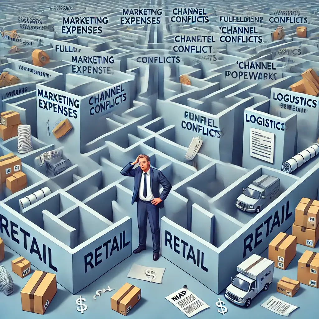 A complicated maze with high walls displaying various retail terms like 'Marketing Expenses,' 'Fulfillment,' 'Channel Conflicts,' 'Vendor Paperwork,'