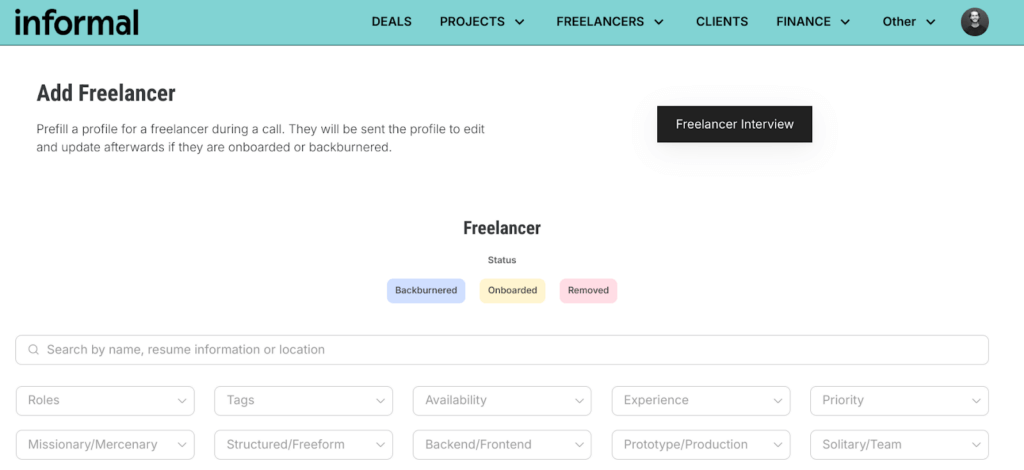 screenshot of the informal freelancer dashboard